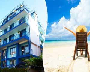 На 50 м. от северния плаж в Приморско! Нощувка с възможност за закуска и вечеря на човек в хотел Синя Лагуна